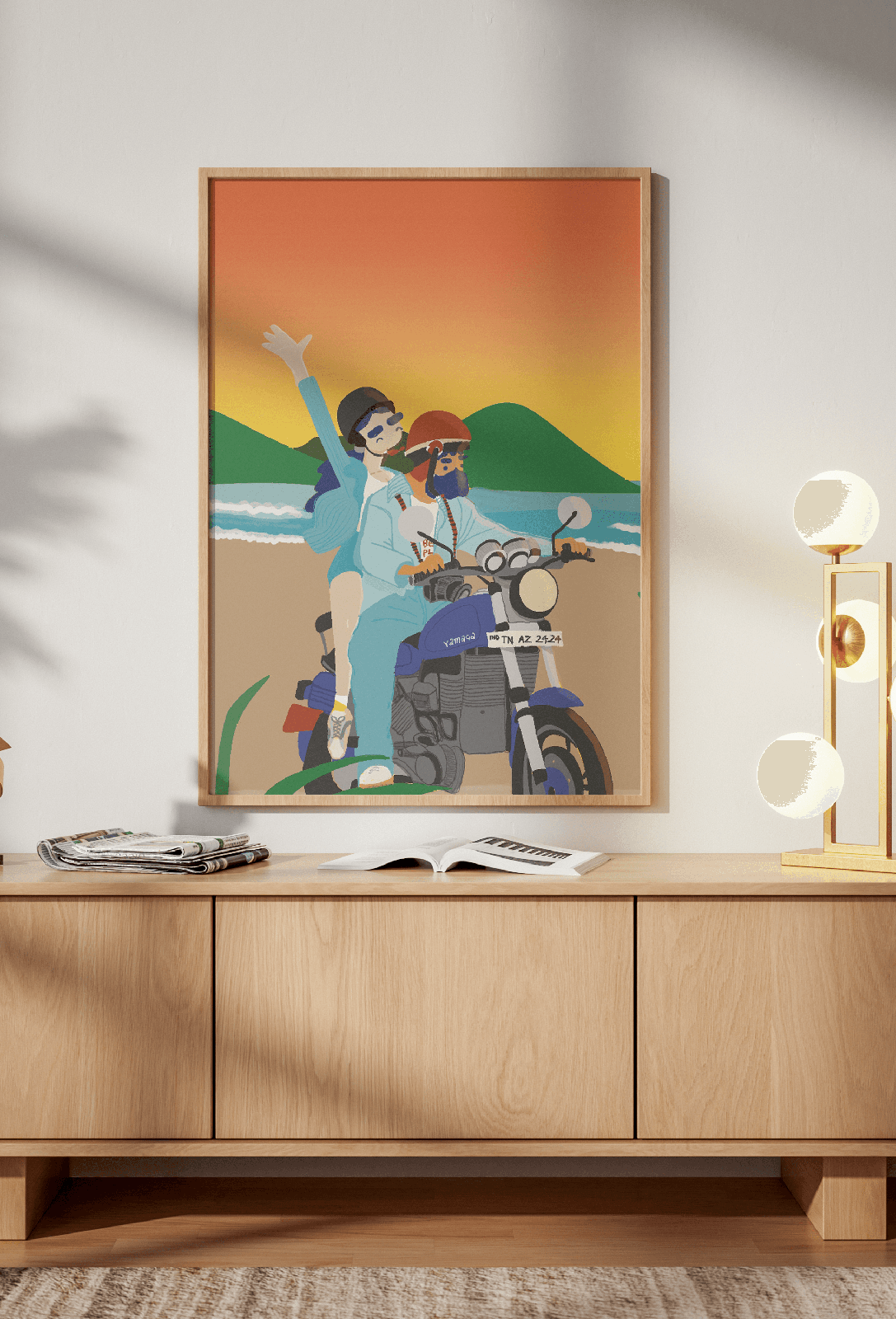 Travellers — Oji Kadai art print, couple on a motorbike at sunset